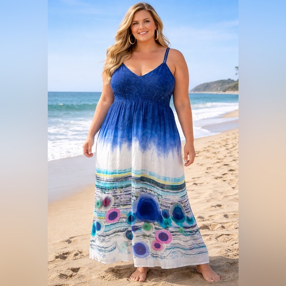 NWT Desigual Spaghetti Strap Maxi Boho Beachy Sundress Blue & White - Size 44